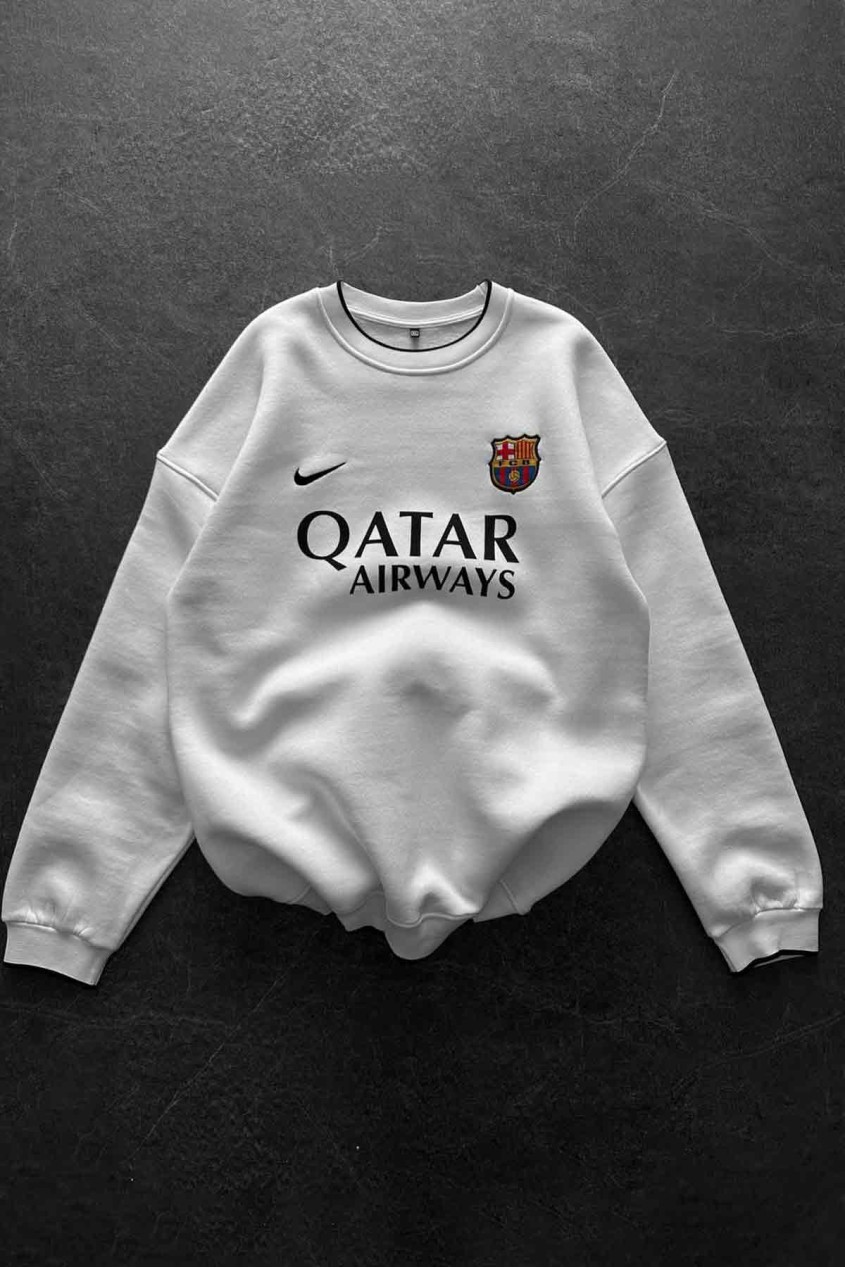 Unisex Oversize Şardonlu Baskılı Beyaz Bisiklet Yaka Sweatshirt