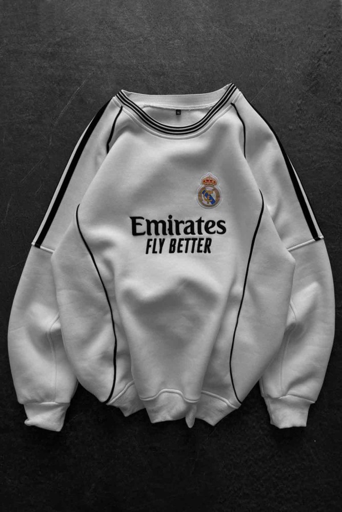 Unisex Oversize Şardonlu Baskılı Beyaz Bisiklet Yaka Sweatshirt