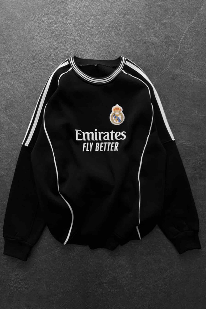 Unisex Oversize Şardonlu Baskılı Beyaz Bisiklet Yaka Sweatshirt