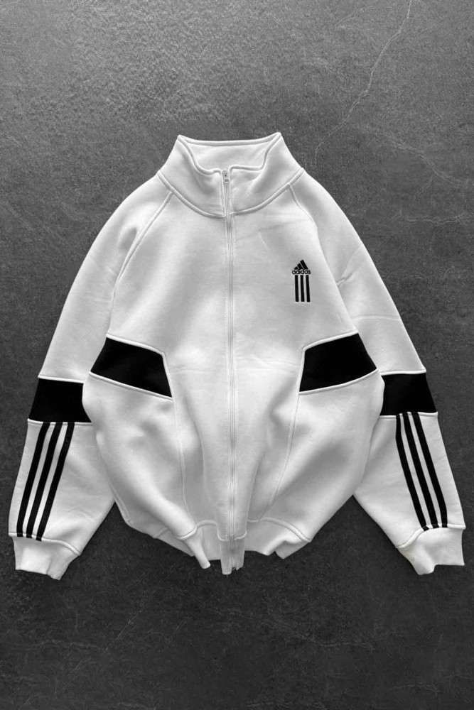 Unisex Oversize Şardonlu Baskılı Beyaz Hırka